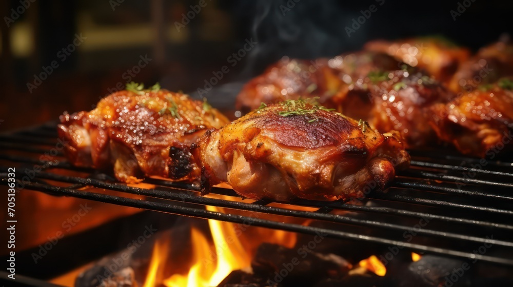 Grilled meat on barbecue grill, closeup. BBQ party food Grilled meat on barbecue grill, closeup. BBQ party food