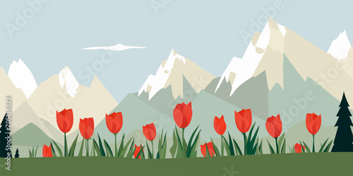 Beautiful red tulips against a mountain landscape. Vector illustration for poster, card, banner, print or design.