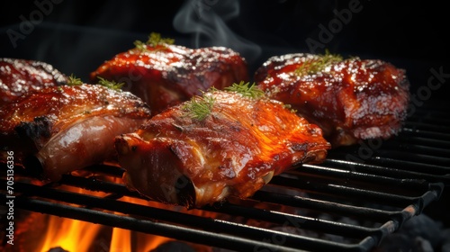 Grilled pork ribs on barbecue grill with flames and smoke on black background