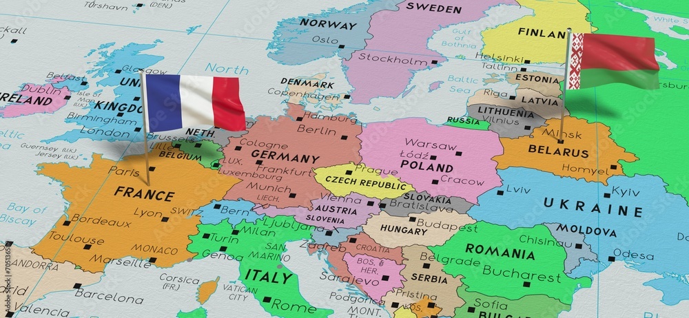 France and Belarus - pin flags on political map - 3D illustration