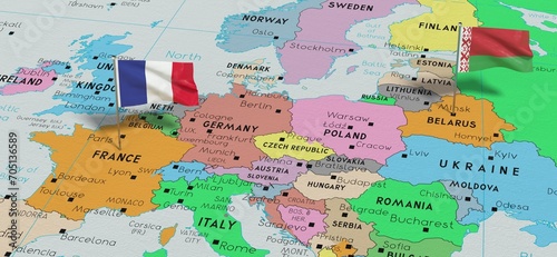 France and Belarus - pin flags on political map - 3D illustration