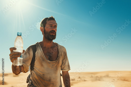 Thirsty man holding a bottle of water in the middle of the desert photo