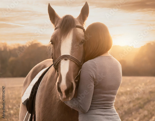 Woman standing by her horse, sunset ranch background