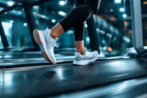 Close-up of legs of a runner running on a treadmill in a fitness club © GeorgeAI