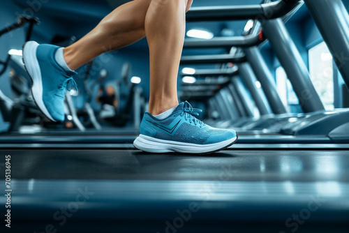 Close-up of legs of a runner running on a treadmill in a fitness club © GeorgeAI