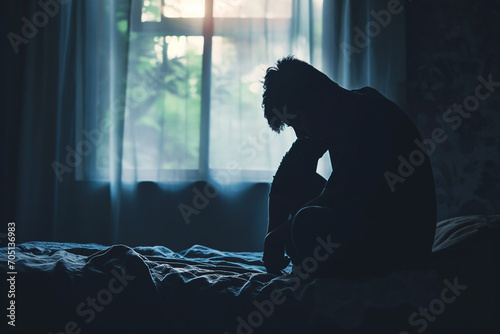 Silhouette of a depressed man sitting sadly on the bed in the bedroom photo