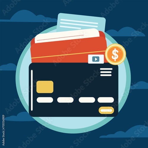 Credit or debit card, wallet, financial document and dollar coin. Vector flat illustration for online shopping or payment, cash back, sale offer, bank service. Background with clouds.