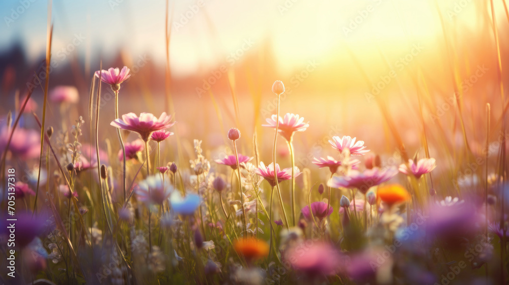 Beautiful meadow with wild flowers soft background