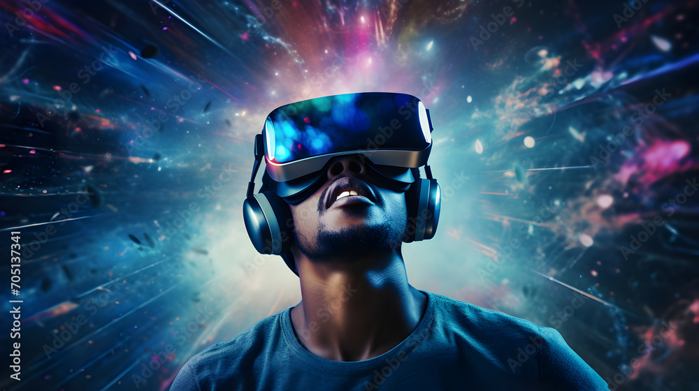 Amazed young man wearing a VR headset exploring the metaverse's virtual space. Gaming and futuristic entertainment concept