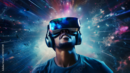 Amazed young man wearing a VR headset exploring the metaverse's virtual space. Gaming and futuristic entertainment concept © Trendy Graphics