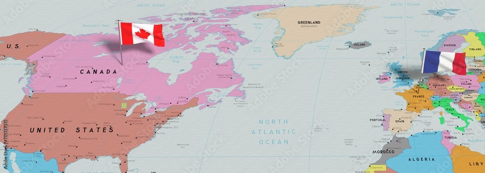 Fototapeta premium France and Canada - pin flags on political map - 3D illustration