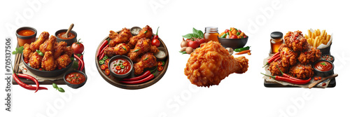 Set of delicious Hot fried chicken leg piece with chili sauce, isolated over on transparent white background. photo