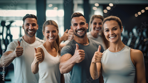 Group of joyous young people wearing sportswear showing thumbs up in gym photo