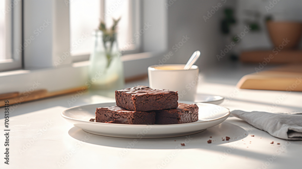 Chocolate brownies on a white plate white kitchen - obrazy, fototapety, plakaty 
