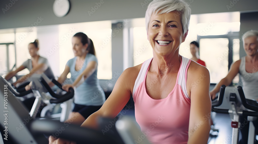 Happy senior woman with grey hair practising indoors sport with group of people on an exercise bike in gym