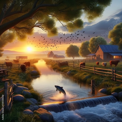 Evening with the sun setting on the horizon on a farm, with grazing cattle, a farmhouse, a small stream connected to a lake, a fish jumping above the water, birds flying over the lake