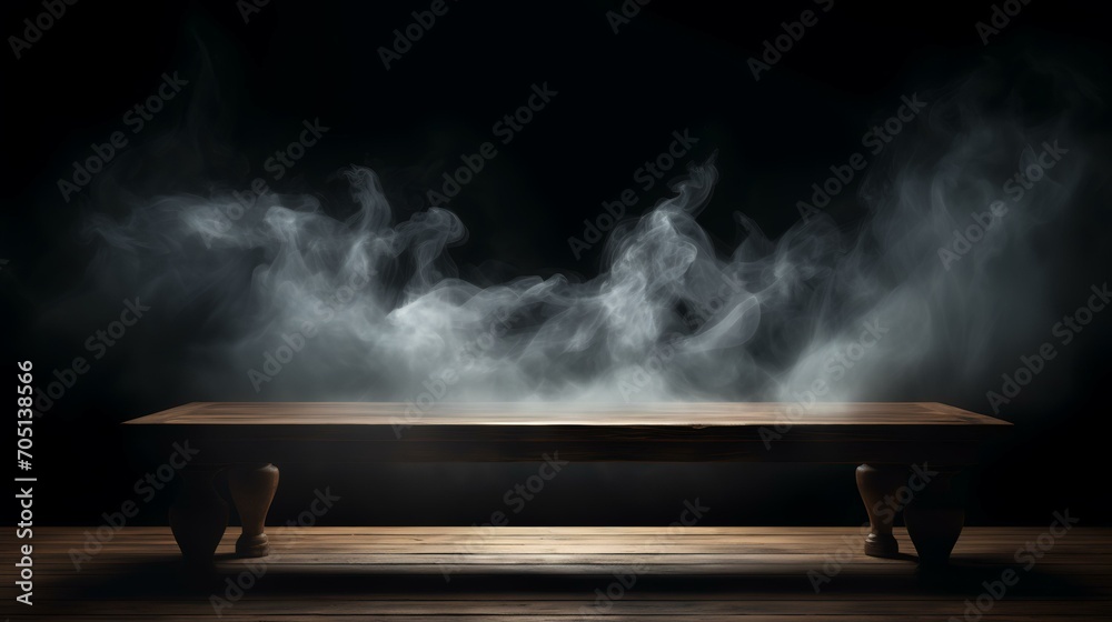 Empty Wooden Table with Smoke Floating Up on Dark

