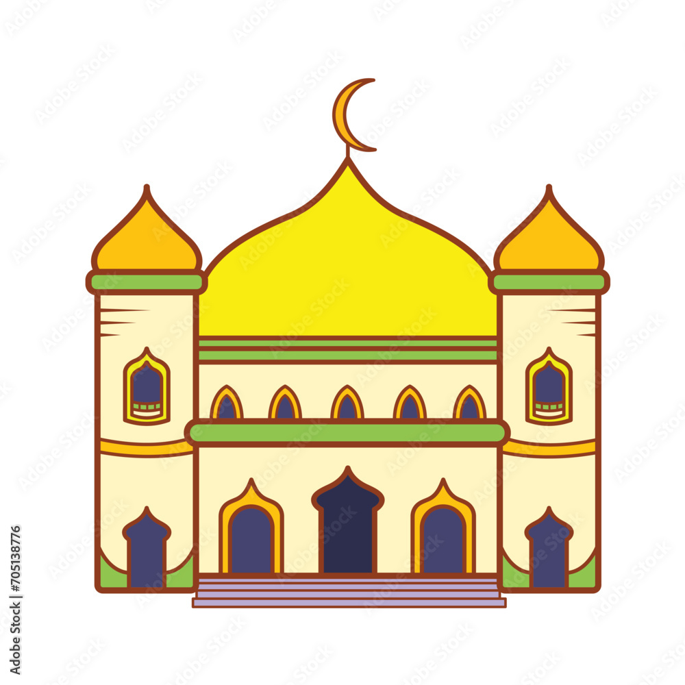 Mosque or masjid building colorful icon vector illustration outline isolated on square white background. Simple flat minimalist cartoon art styled drawing.