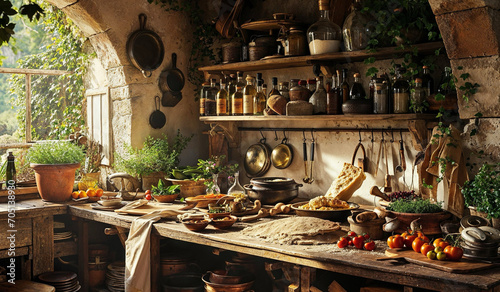 A table in a traditional Italian kitchen full of ingredients: fresh herbs, olive oil, tomatoes, garlic, cheese and pasta, ready to cook Italian dishes.