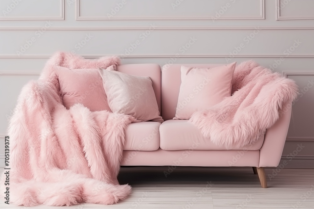Cozy pink sofa with sheepskin furry blanket and pillows. Scandinavian farmhouse, hygge home interior design of modern living room. Warm and inviting winter atmosphere Cozy pink sofa with sheepskin furry blanket and pillows. Scandinavian farmhouse, hygge home interior design of modern living room. Warm and inviting winter atmosphere