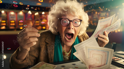 Surprised elderly woman she wins bingo or lottery