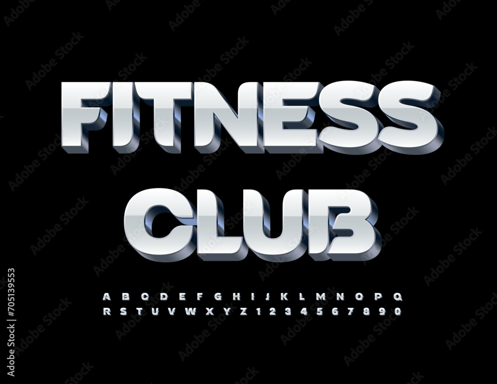 Vector stylish emblem Fitness Club. White and Silver unique Font. Modern Alphabet Letters and Numbers.