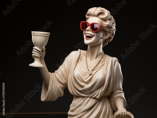 White statue of an ancient Greek woman, smiling, wearing sunglasses, holding a glass of coffee.