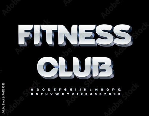 Vector stylish emblem Fitness Club. White and Silver unique Font. Modern Alphabet Letters and Numbers.