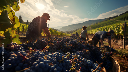 Workers harvest grapes, ready to craft the essence of exquisite wine photo
