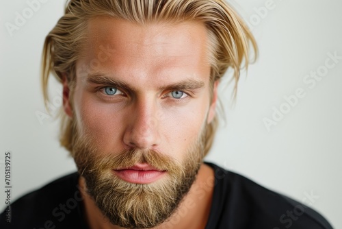 Dramatic portrait of a blonde man with a beard, intense gaze, white background