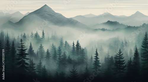 Misty landscape with fir forest in old vintage retro style