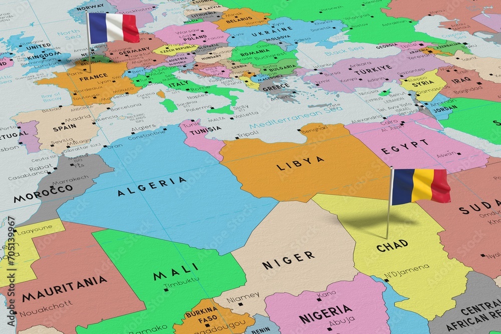 France and Chad - pin flags on political map - 3D illustration