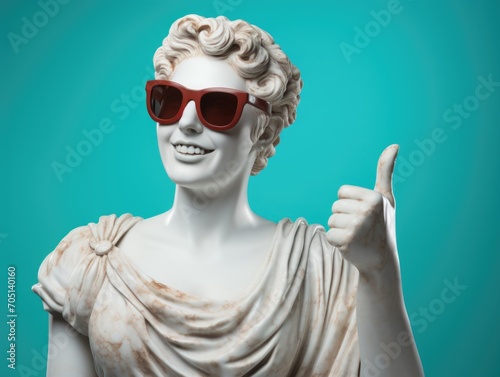 White ancient Greek statue, smiling, wearing sunglasses, showing the finger