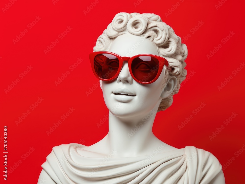 White ancient Greek statue, smiling, wearing sunglasses,