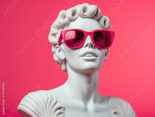 White ancient Greek statue, smiling, wearing sunglasses,