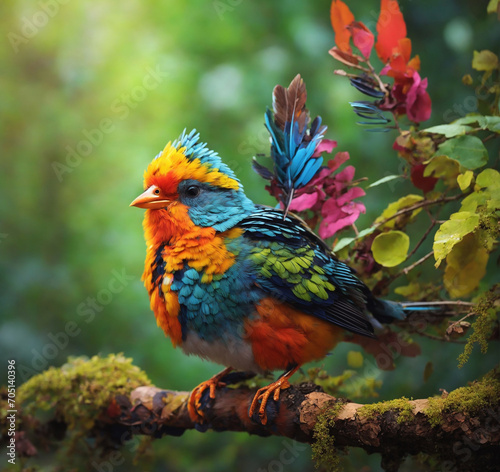 A beautiful colorful bird is sitting on a branch © ABDUR