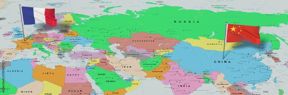Obraz na plátně France and China - pin flags on political map - 3D illustration