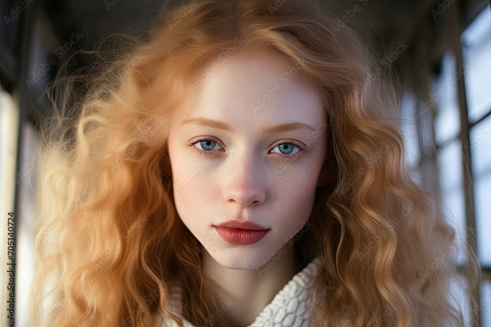 Naklejka premium Close-up portrait of a beautiful woman with albinism, featuring flowing hair