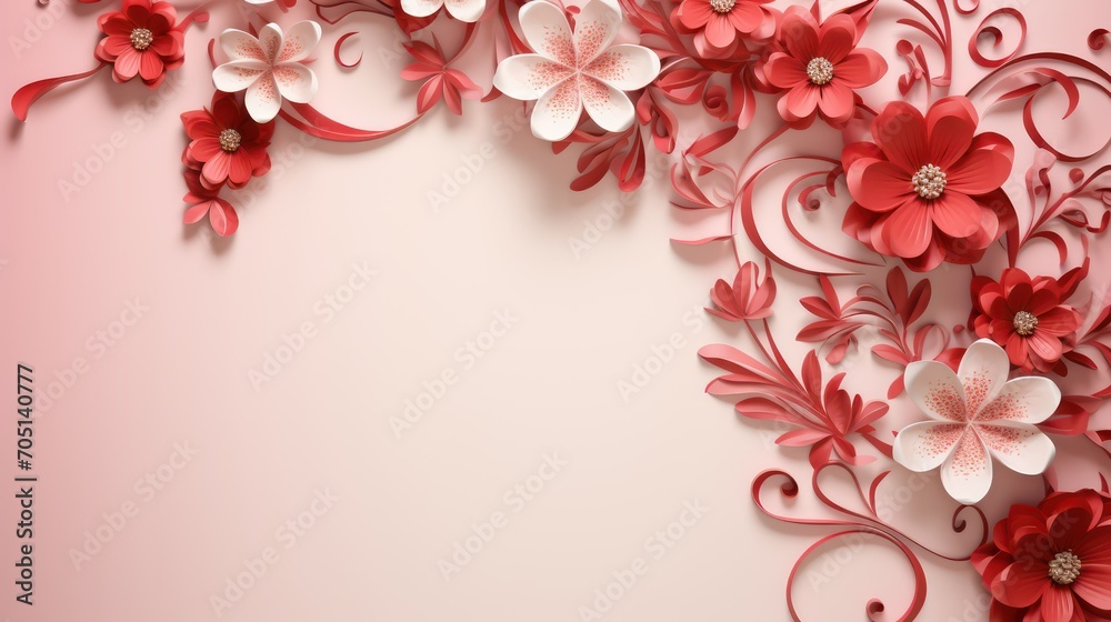 Paper flowers with red ribbon on pink background