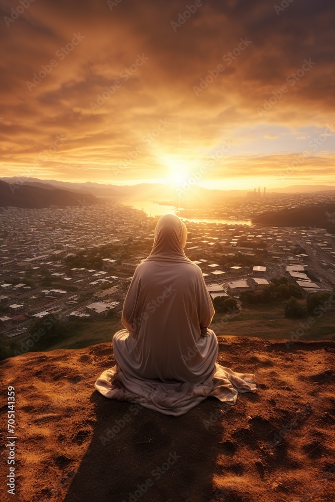 muslim woman meditating contemplating the sunset muslim woman meditating contemplating the sunset
