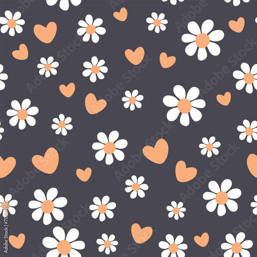 Seamless pattern with daisies and hearts. Vector illustration. It can be used for wallpapers, wrapping, cards, patterns for clothes and other.