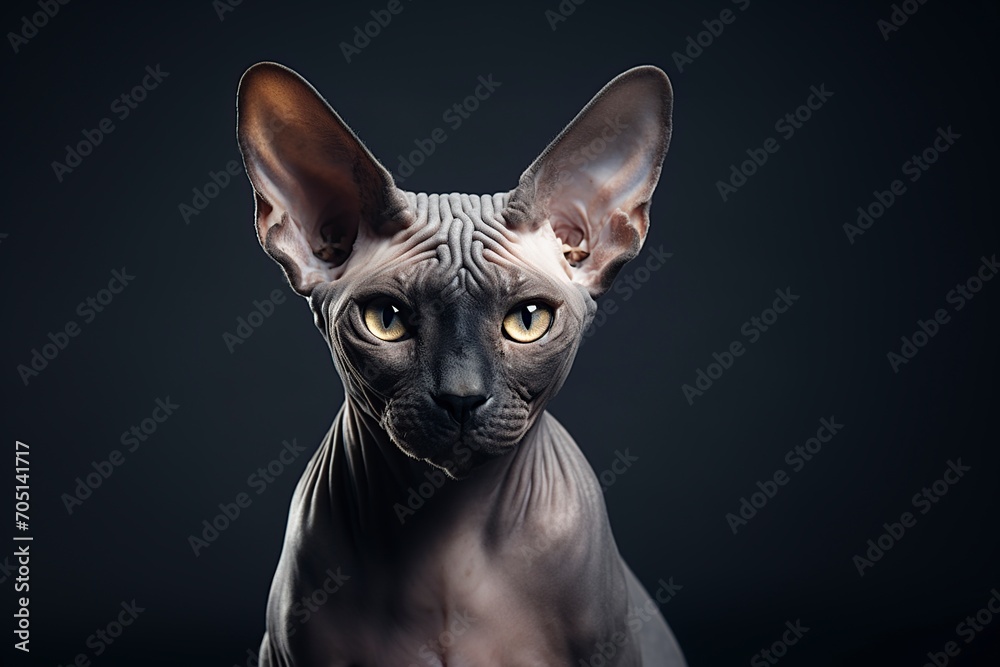 Canadian sphynx cat elegant and very upright in front of the cameras