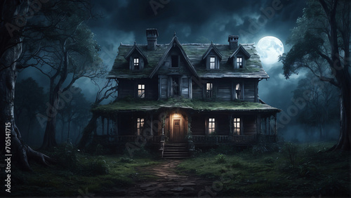 Creepy old house in the forest with the moon in the night sky