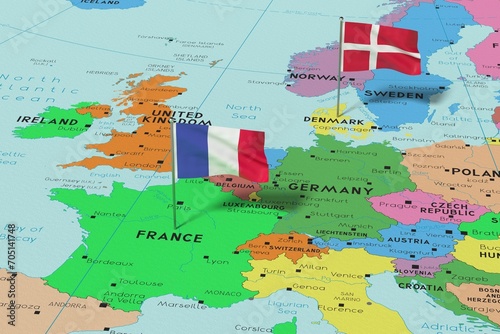 France and Denmark - pin flags on political map - 3D illustration