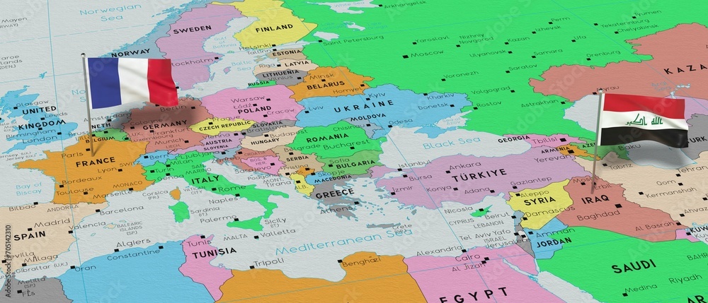 Naklejka premium France and Iraq - pin flags on political map - 3D illustration