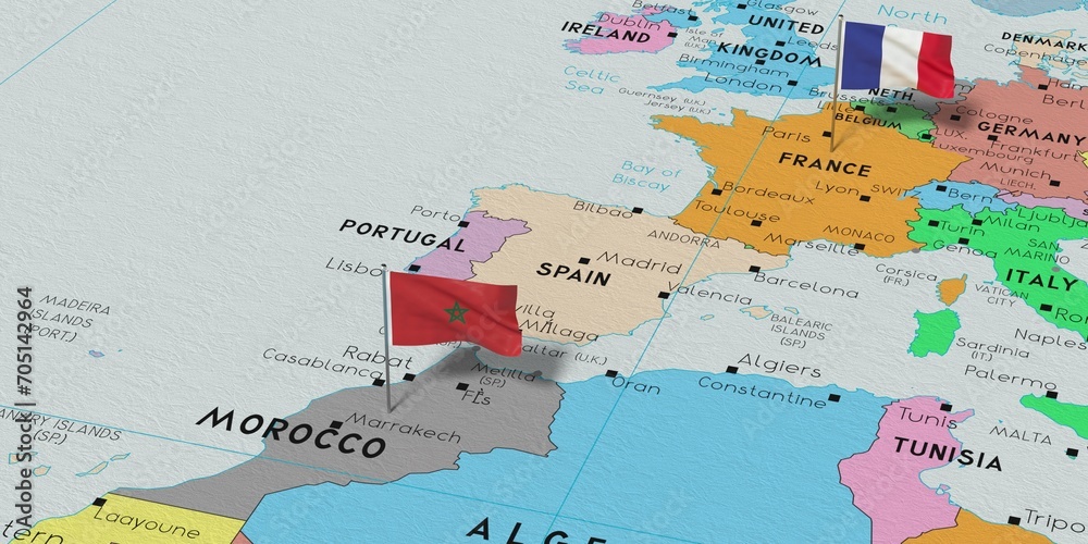 France and Morocco - pin flags on political map - 3D illustration