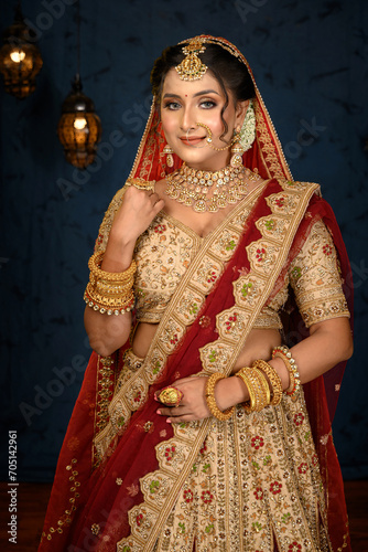 Stunning Indian bride dressed in traditional bridal lehenga with heavy gold jewellery and veil posing fashionable in studio lighting. Wedding fashion and lifestyle.