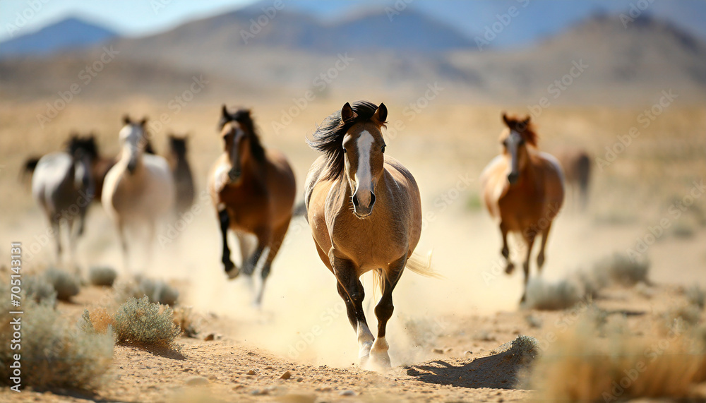 Wild horses running in desert, selective focus.