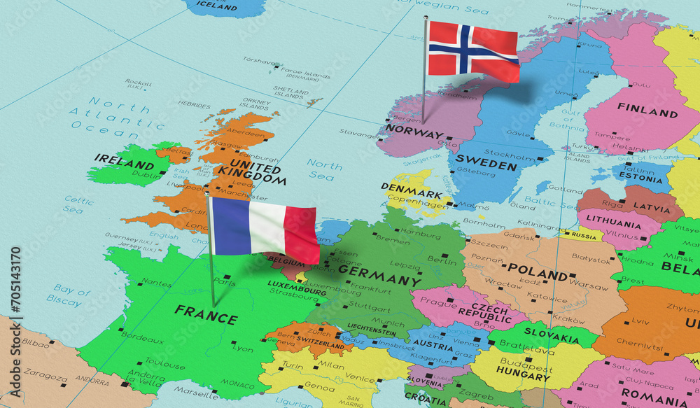 Fototapeta premium France and Norway - pin flags on political map - 3D illustration