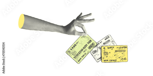 Collage with halftone-style hand statue. Minimalist cash savings metaphor concept finance-themed. Idea for banner composition with coins, bank card. Cutouts magazine. Vector illustration